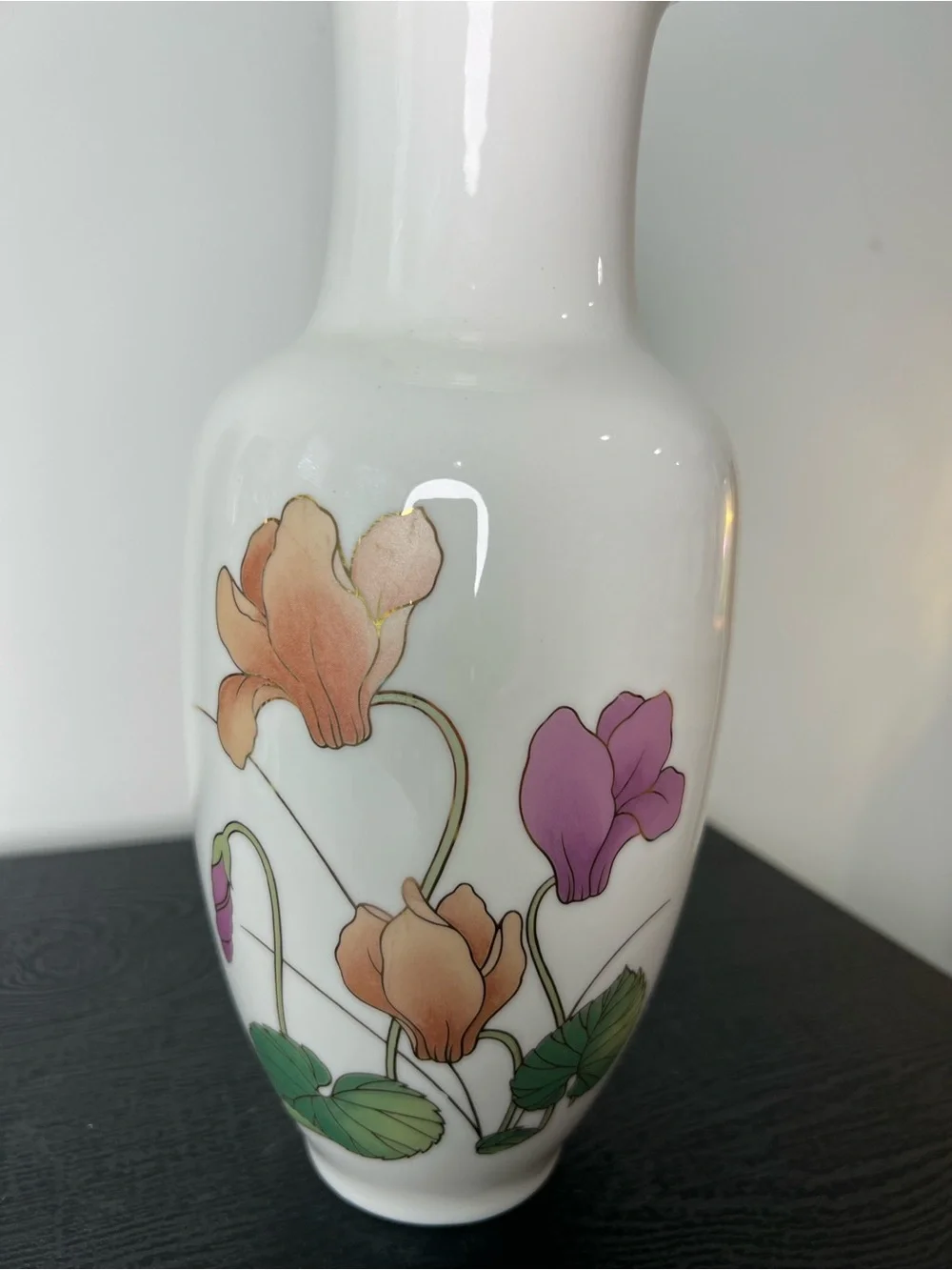 Vintage Japanese Porcelain White Vase with Peach & Purple Cylcamen Floral Design